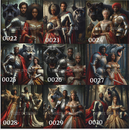 Collage of images featuring a knight, a panther, and a wolf with a woman in each image, labeled with numbers.