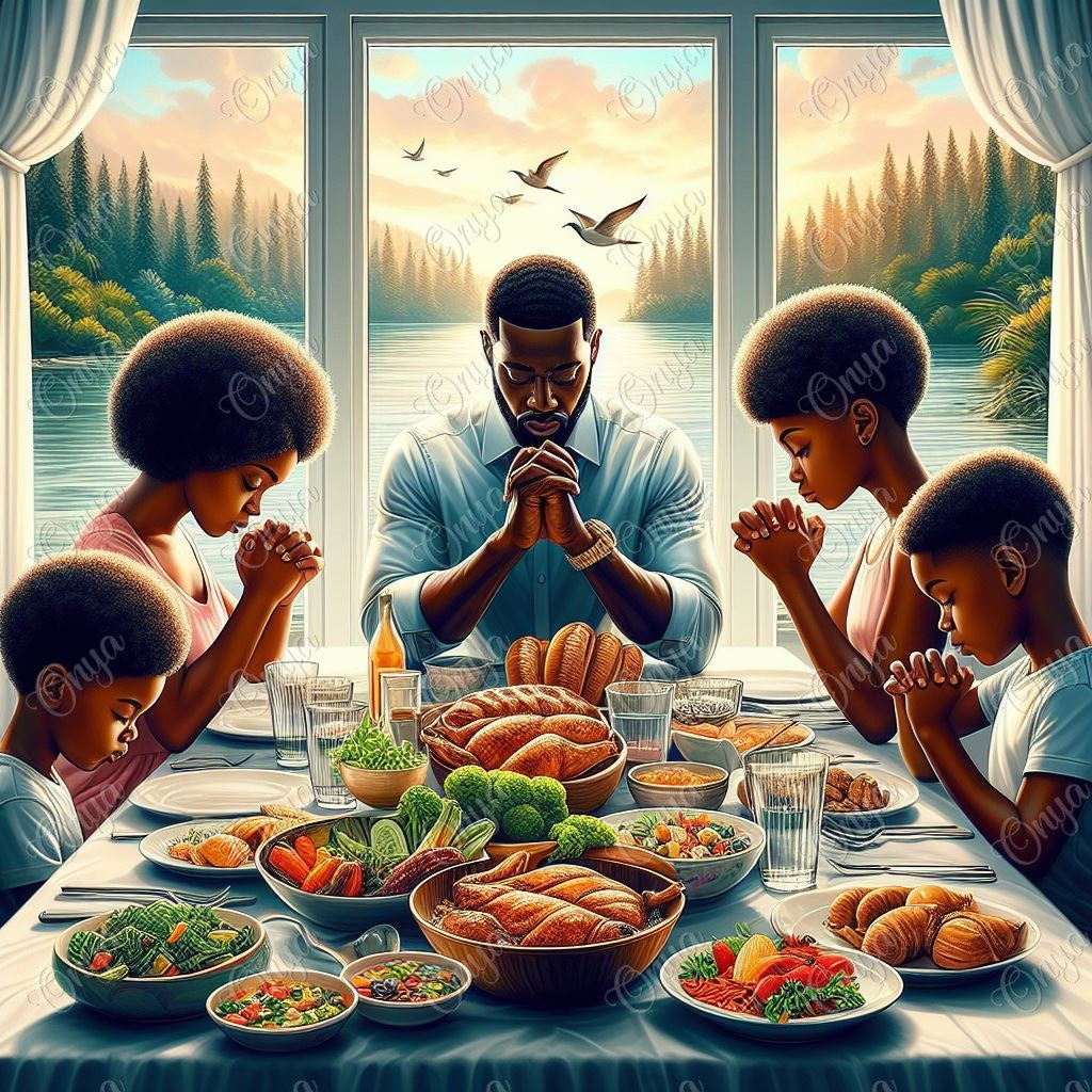 High-resolution PNG of a melanin-rich family praying together, perfect for Mother’s Day crafts, church designs, and inspirational wall art.
