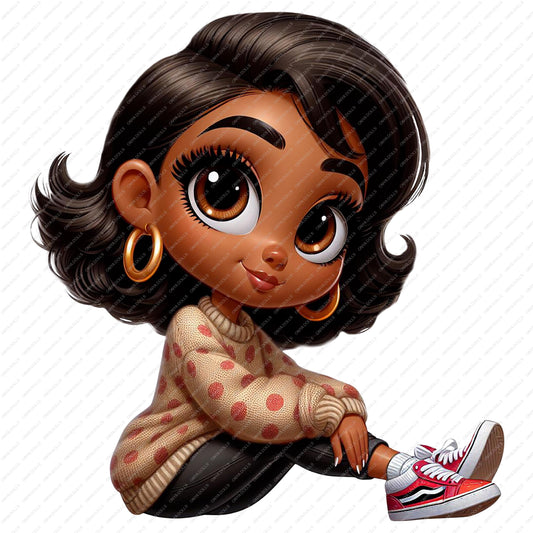 Cartoon character with brown hair and polka dot sweater sitting on a white background