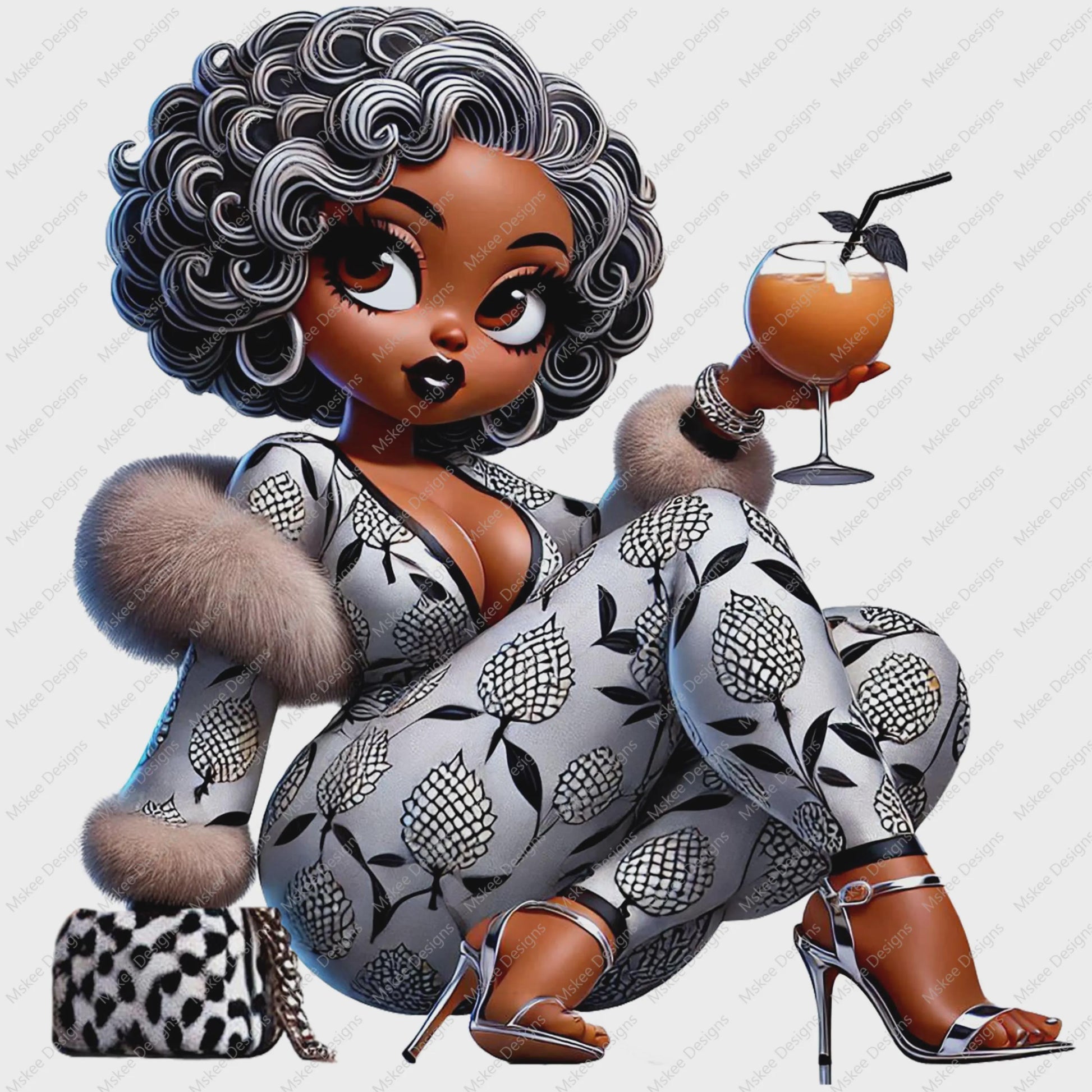 Illustration of a stylish woman holding a cocktail with a white background