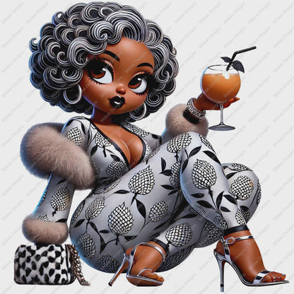 Illustration of a stylish woman holding a cocktail with a white background