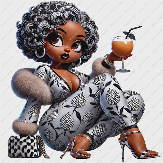 Illustration of a stylish woman holding a cocktail with a white background