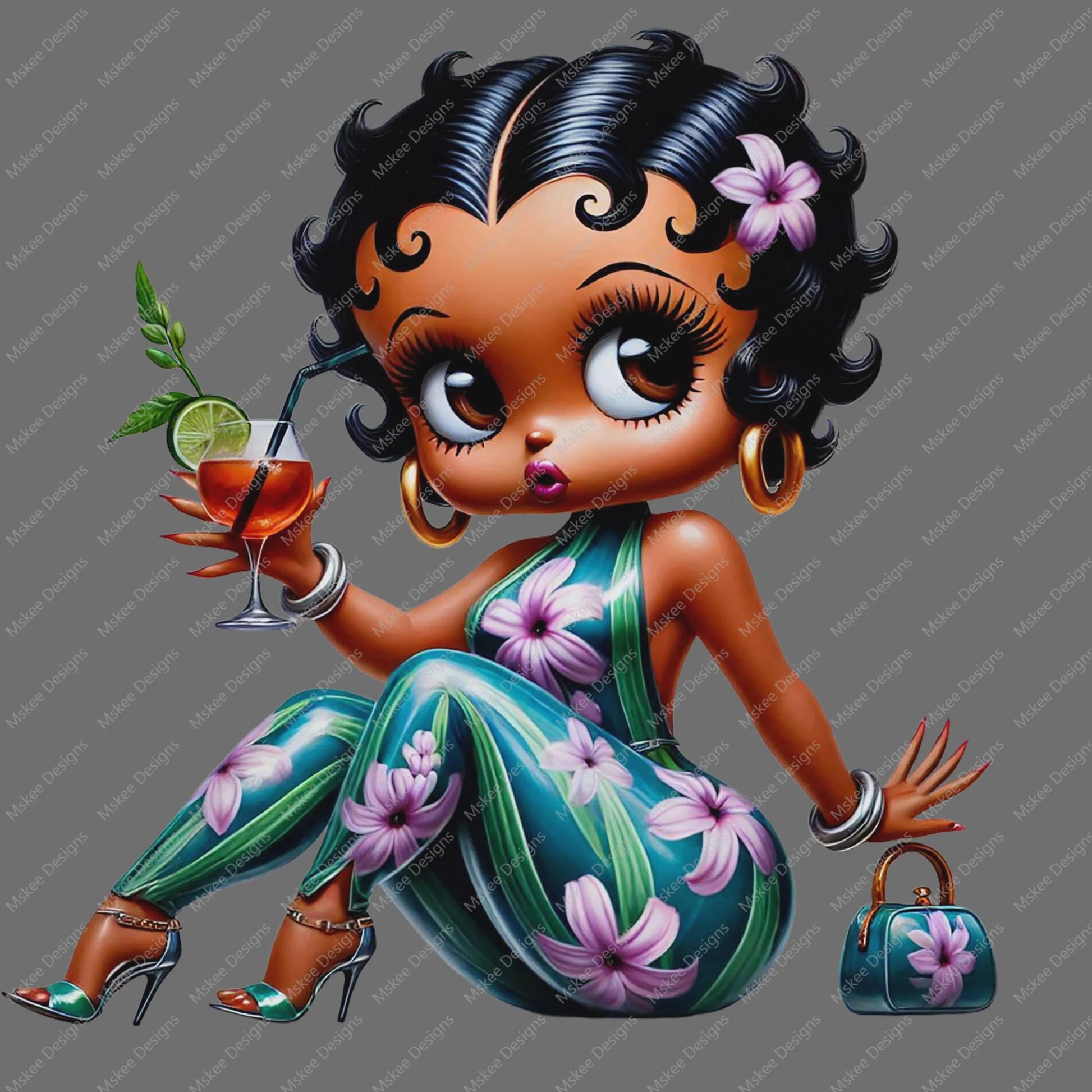 Cartoon character with floral dress holding a cocktail and handbag on a transparent background