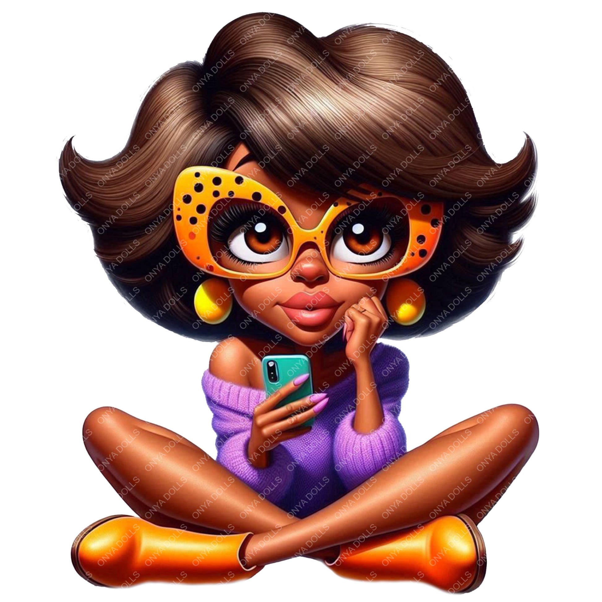 Cartoon character of a woman with sunglasses and purple sweater holding a phone on a white background