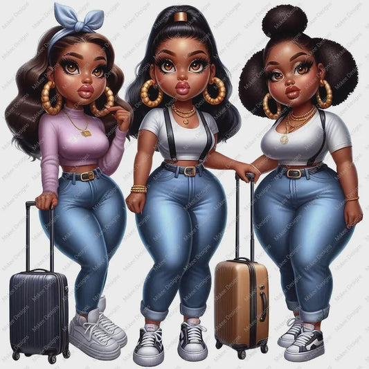 Three animated characters with luggage on a light gray background