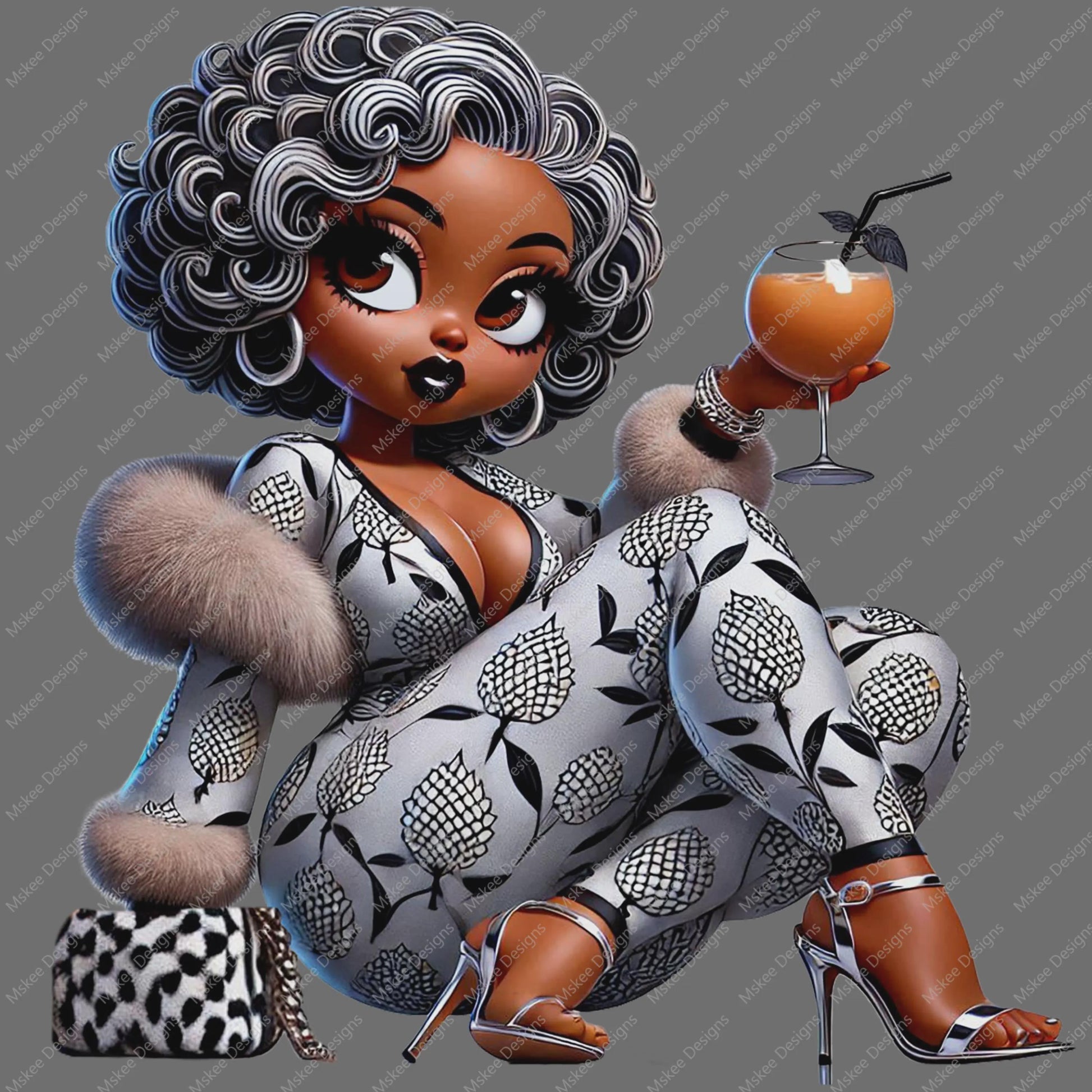 Illustration of a stylish woman holding a cocktail on a transparent background
