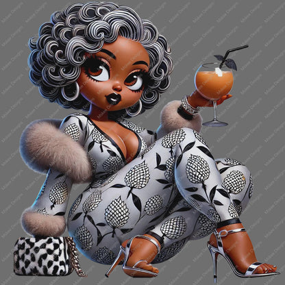 Illustration of a stylish woman holding a cocktail on a transparent background