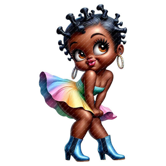 Cartoon character with a rainbow skirt and blue boots on a white background