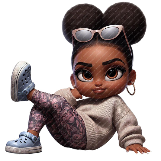 Digital illustration of a cute melanin teen girl with a natural afro puff hairstyle, soft glam makeup, and trendy casual outfit. High-resolution PNG clipart for planners and crafts.
