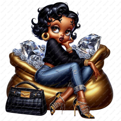 Baddie Boop PNG | Afro Boop Clipart with Bag of Diamonds for Sublimation, Planner, Cricut, Digital Art | 300 DPI