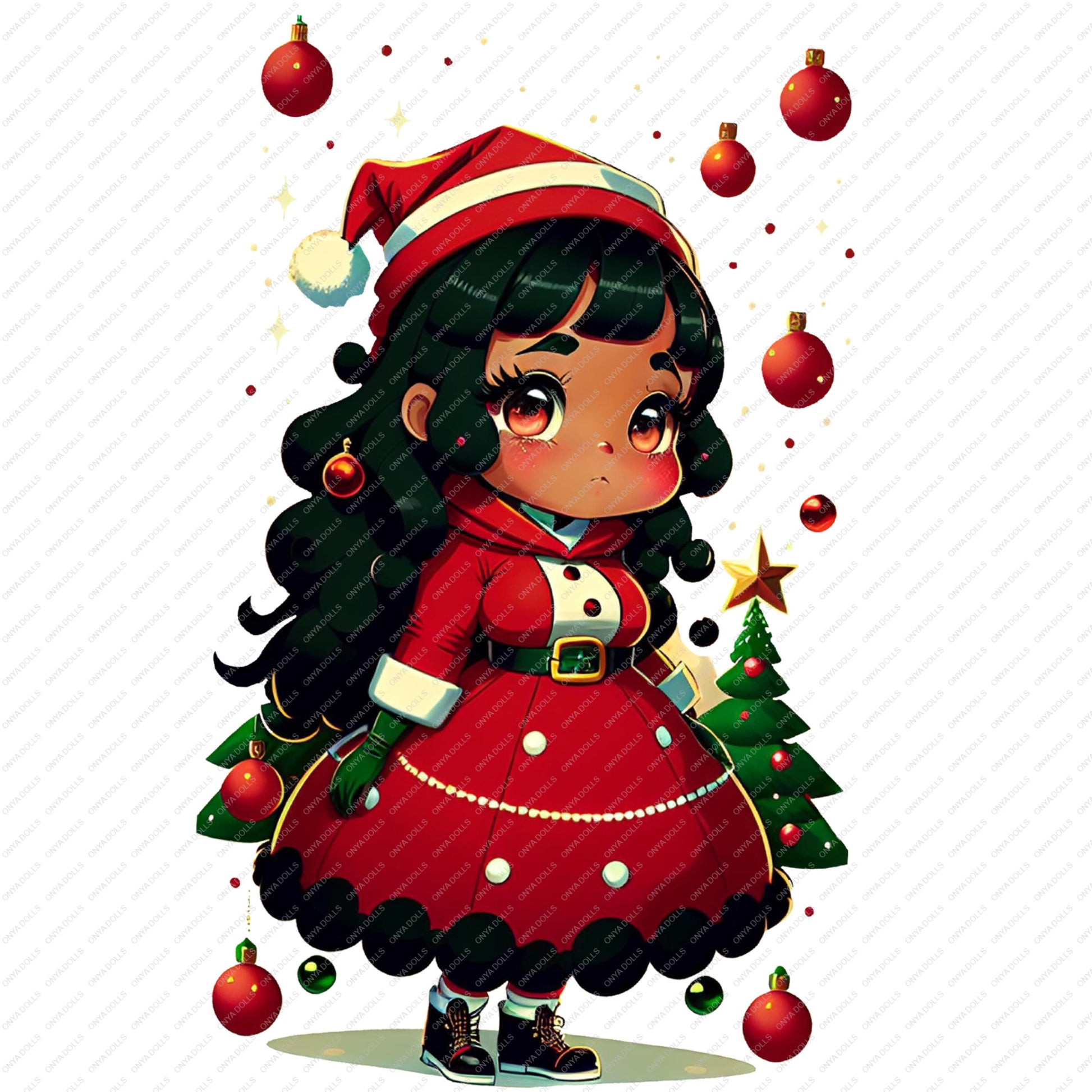 Cute Christmas elf girl PNG with red holiday dress, green accents, ornaments, and festive winter theme on transparent background
