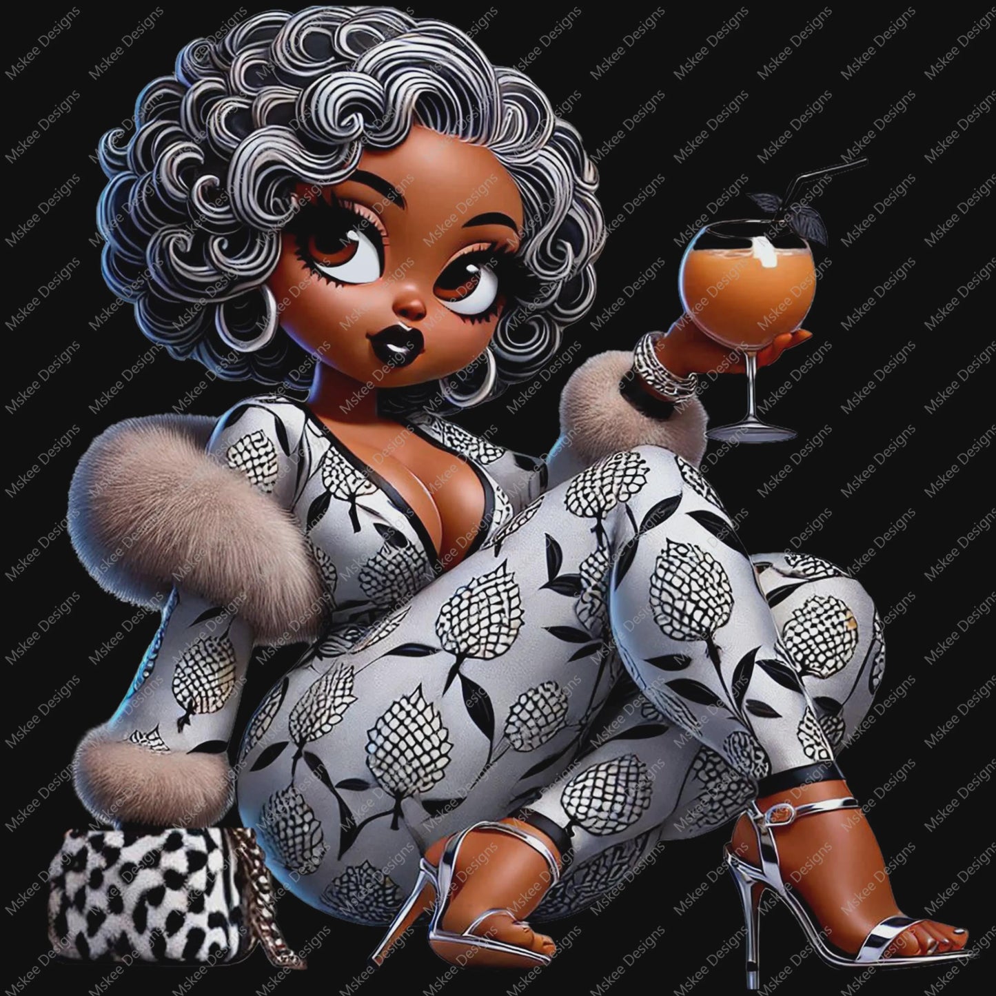 Illustration of a stylish woman holding a cocktail with a black background