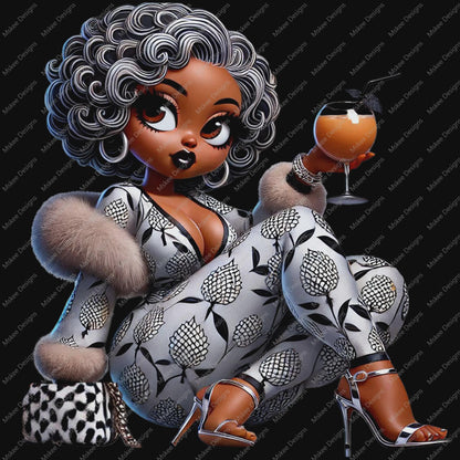 Illustration of a stylish woman holding a cocktail with a black background