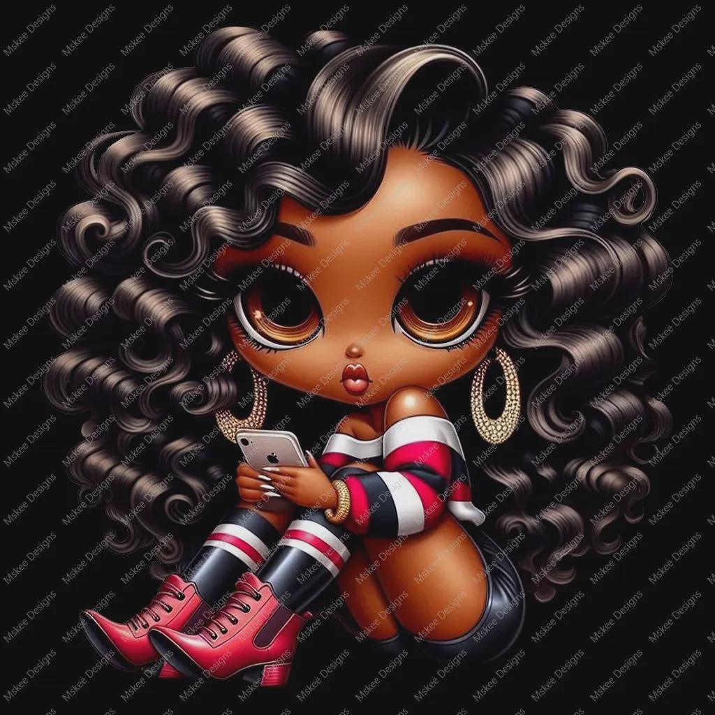 Cartoon character with curly hair holding a phone on a black background