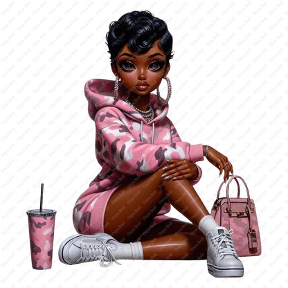 Pink Camo PNG Bundle, 14 High-Res Files of Stylish African American Girls | Sublimation, Planner, Cricut, & Sticker Clipart