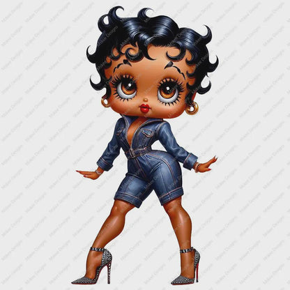 Cartoon character in a denim outfit on a white background