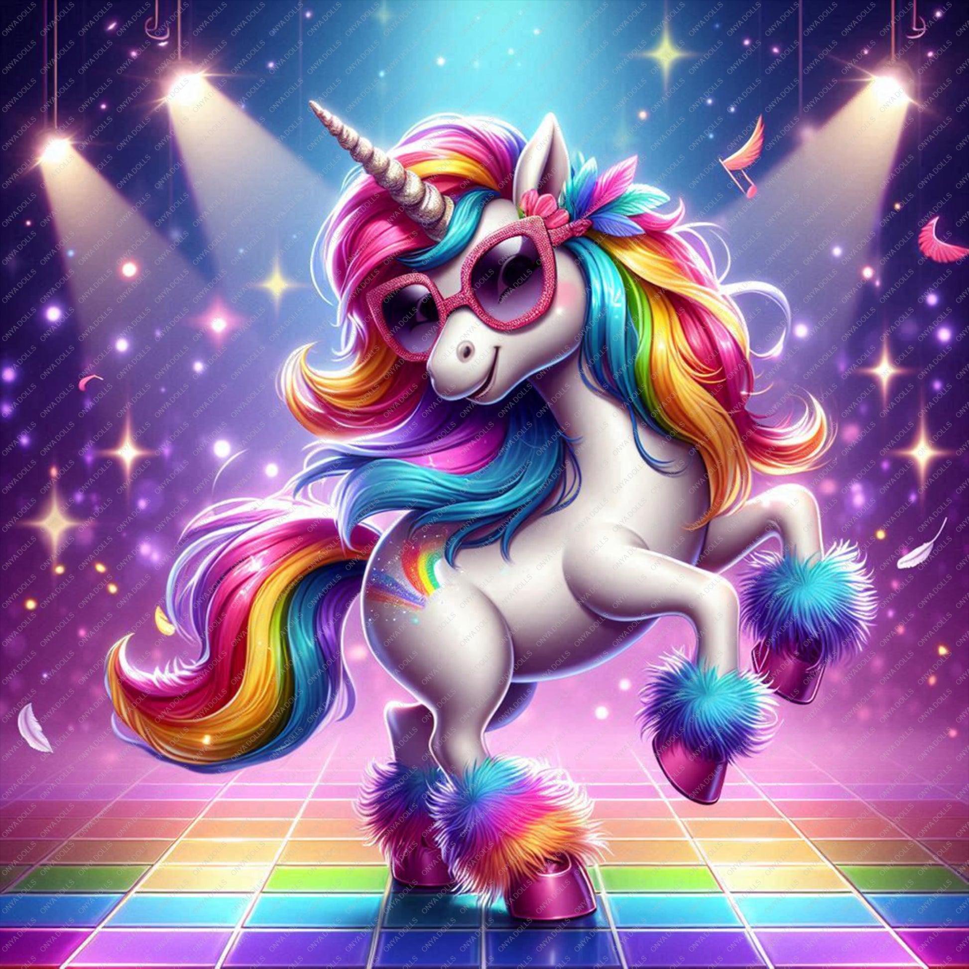 Rainbow disco unicorn PNG with neon lights colorful mane fantasy party clipart digital download

