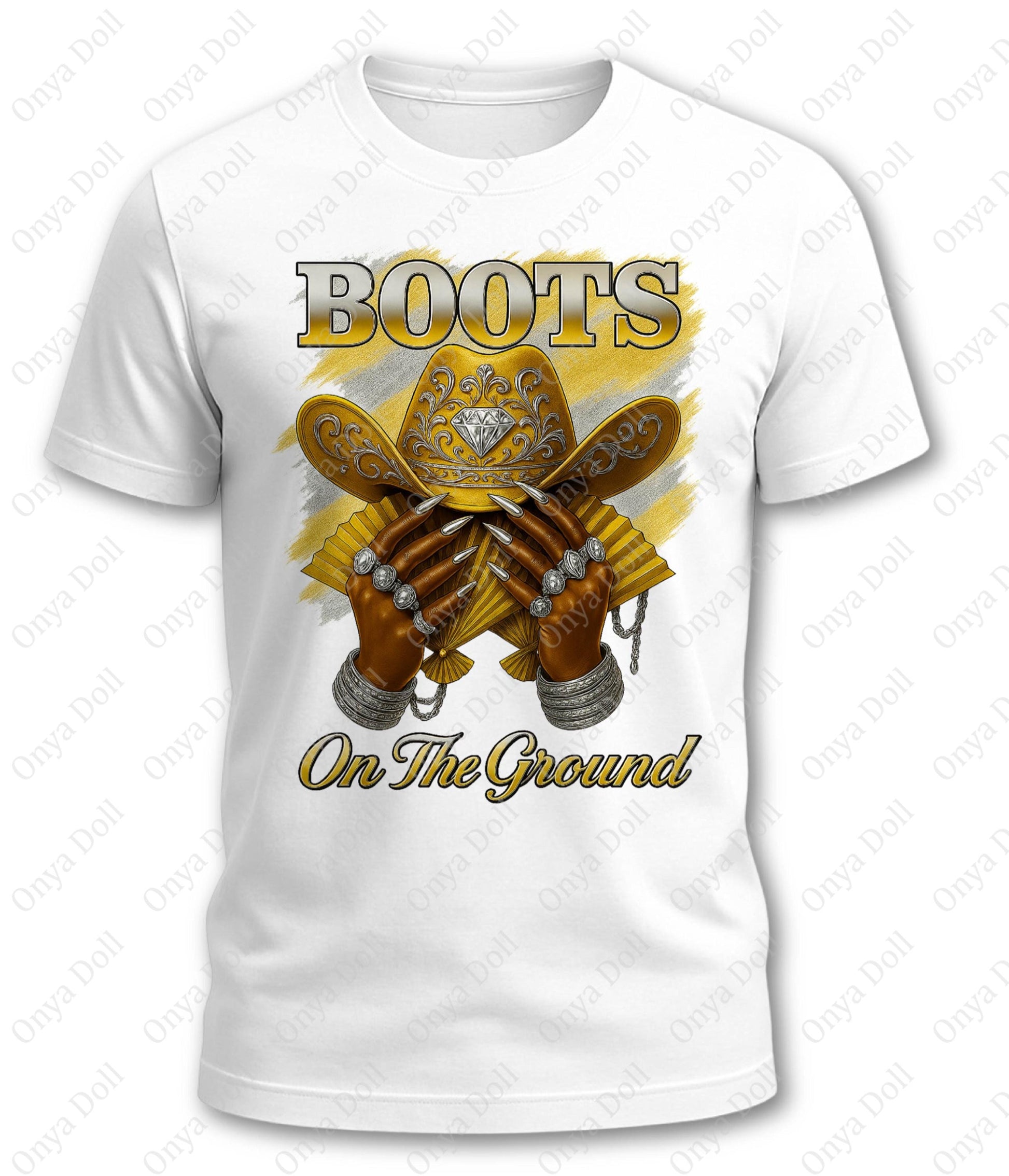 White t-shirt with a graphic of cowboy boots and 'Boots On The Ground' text on a white background