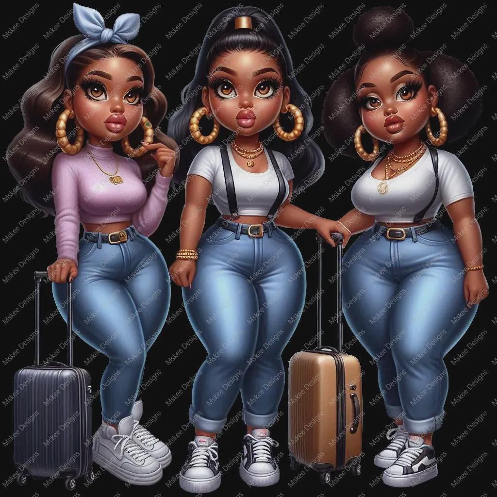 Three animated women with luggage on a black background