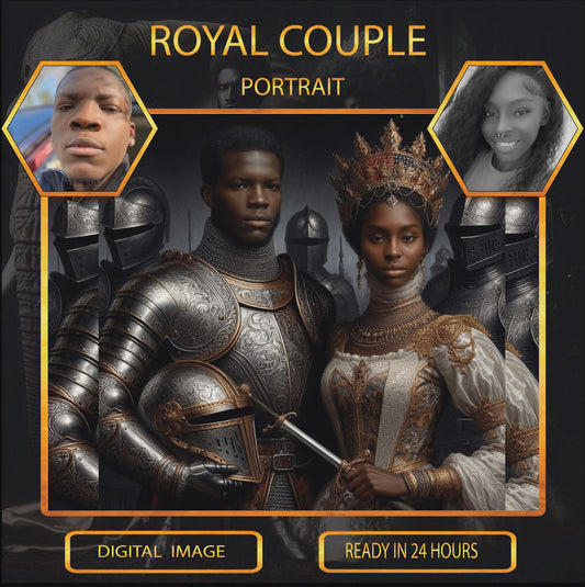 Digital artwork of a royal couple in armor with portraits of individuals on the sides.