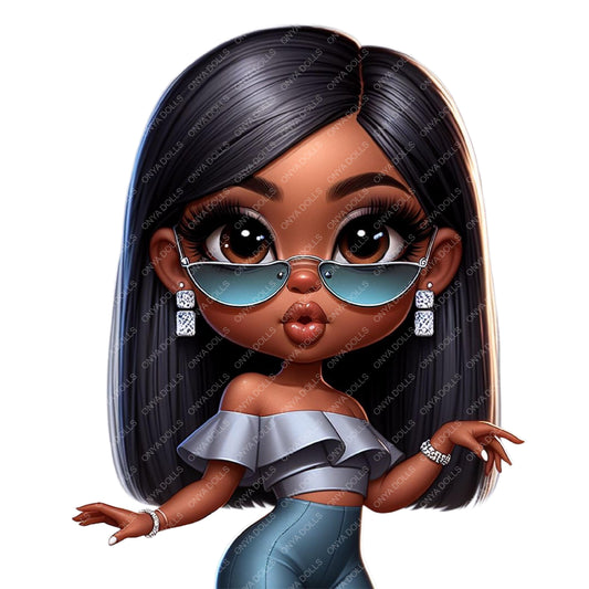 Cartoon character with sunglasses and a silver top on a white background