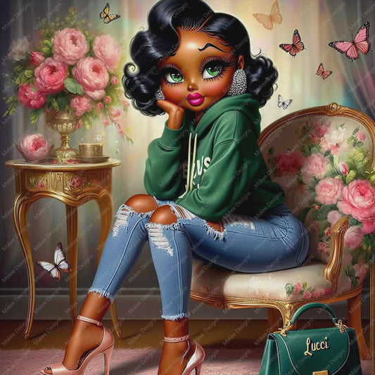Stylish Black girl in green hoodie and ripped jeans sitting in a floral room with roses and elegant decor.
