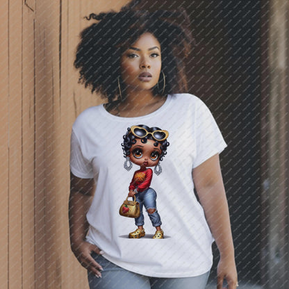 Woman wearing a white t-shirt with a cartoon character design.