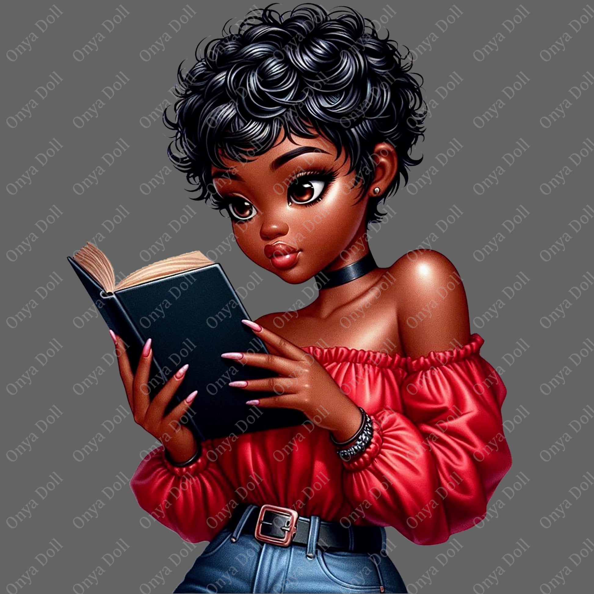 Illustration of a woman in a red top reading a book with a gray background.