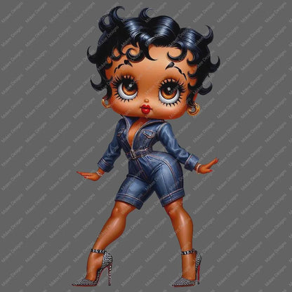 Cartoon character in a denim outfit on a transparent background