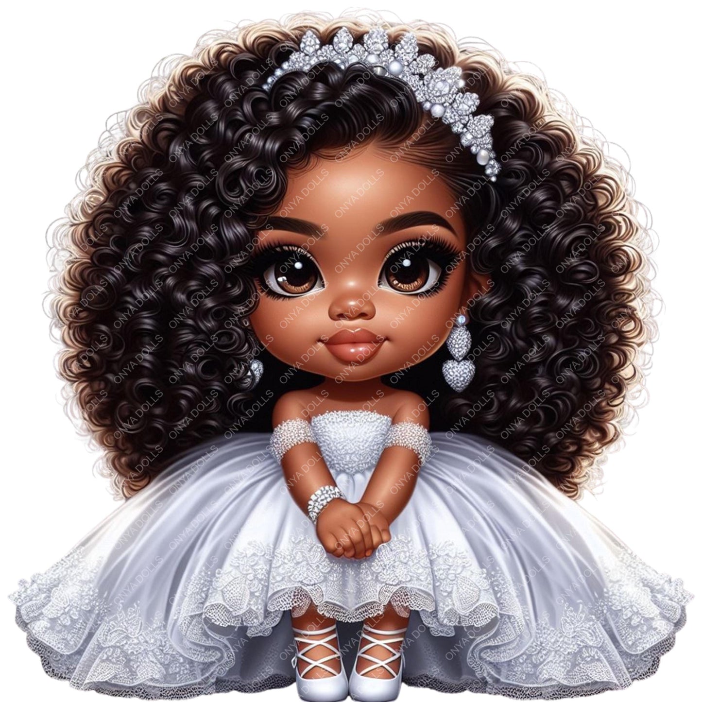 Illustration of a young girl in a white dress with curly hair and jewelry on a white background