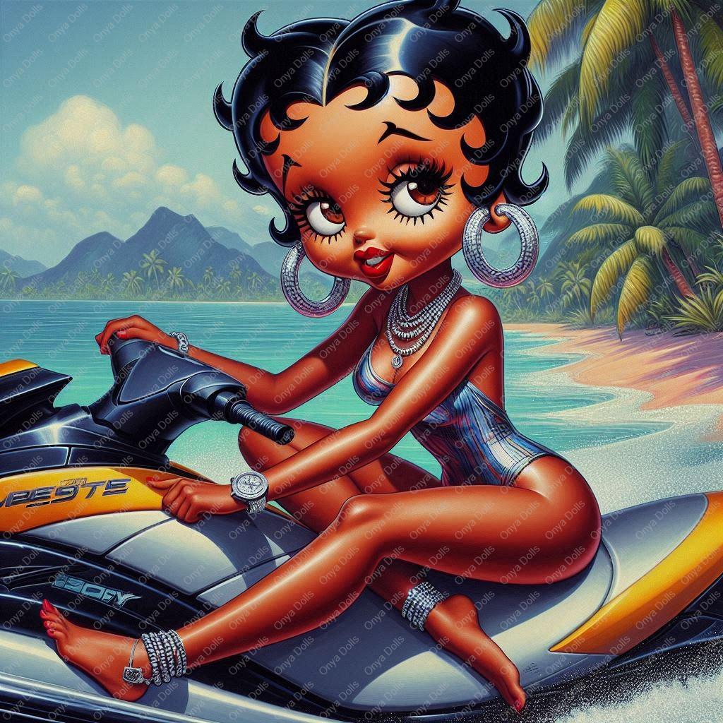 Melanin girl sitting confidently on a jet ski at a tropical beach with palm trees and ocean in the background.
