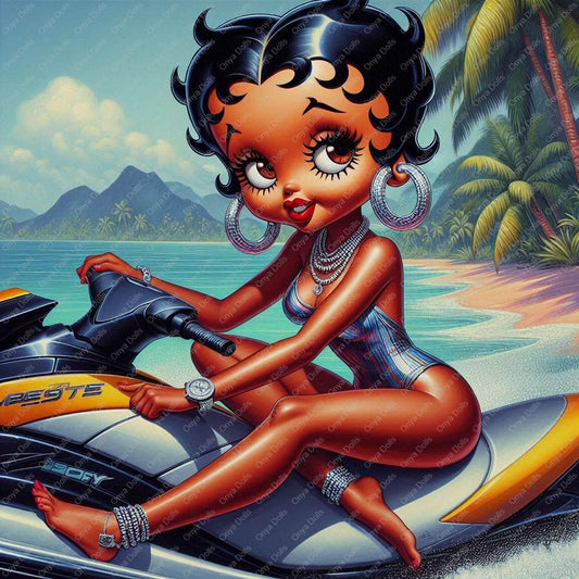 Melanin girl sitting confidently on a jet ski at a tropical beach with palm trees and ocean in the background.
