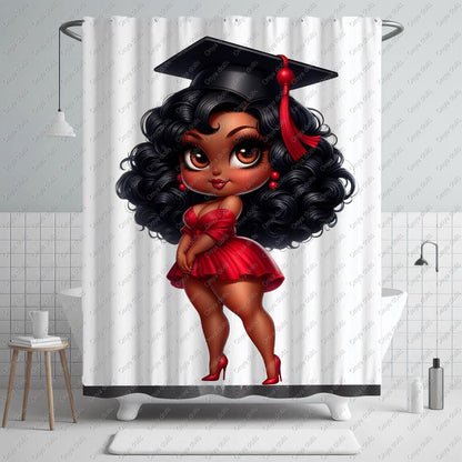Shower curtain with a cartoon character in a graduation gown and cap.