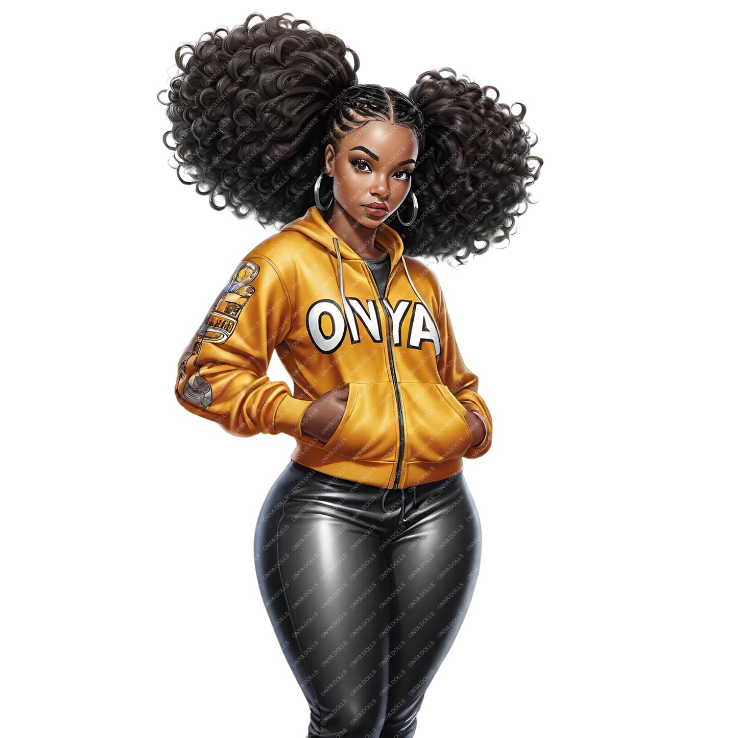Woman wearing a yellow hoodie with 'ONYA' branding on a white background