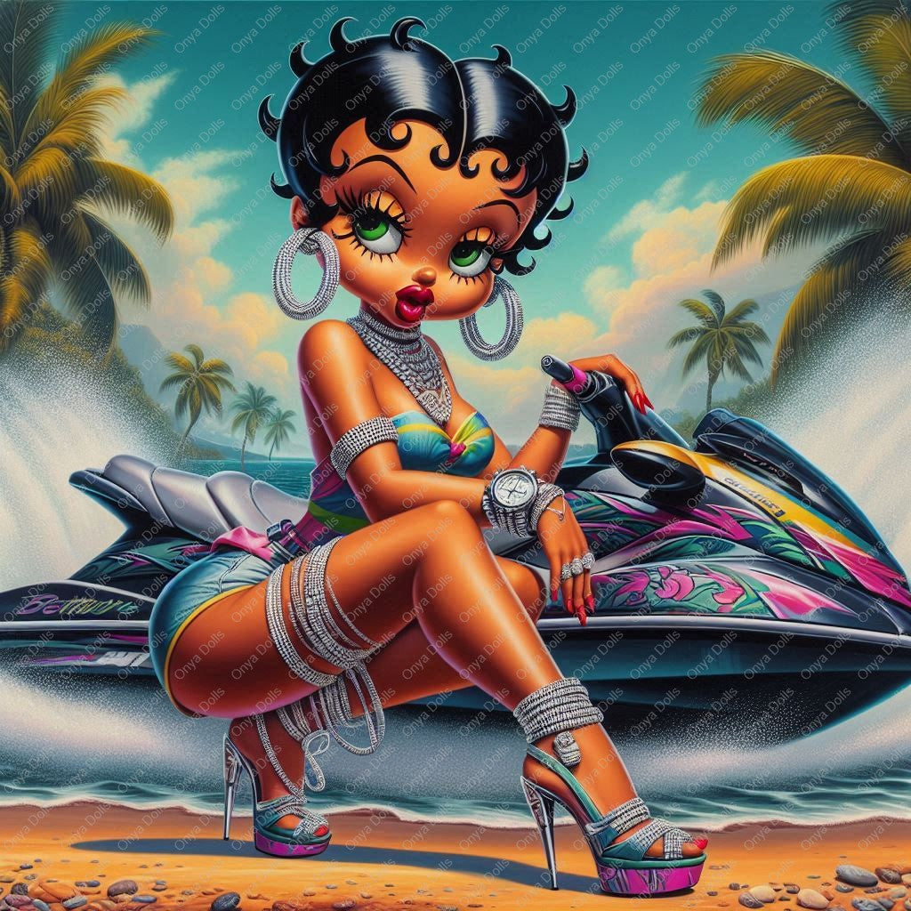 High-resolution PNG of a melanin-rich Afro Boop-style girl riding a jet ski, exuding fun, boldness, and summer energy. Ideal for sublimation and crafts.
