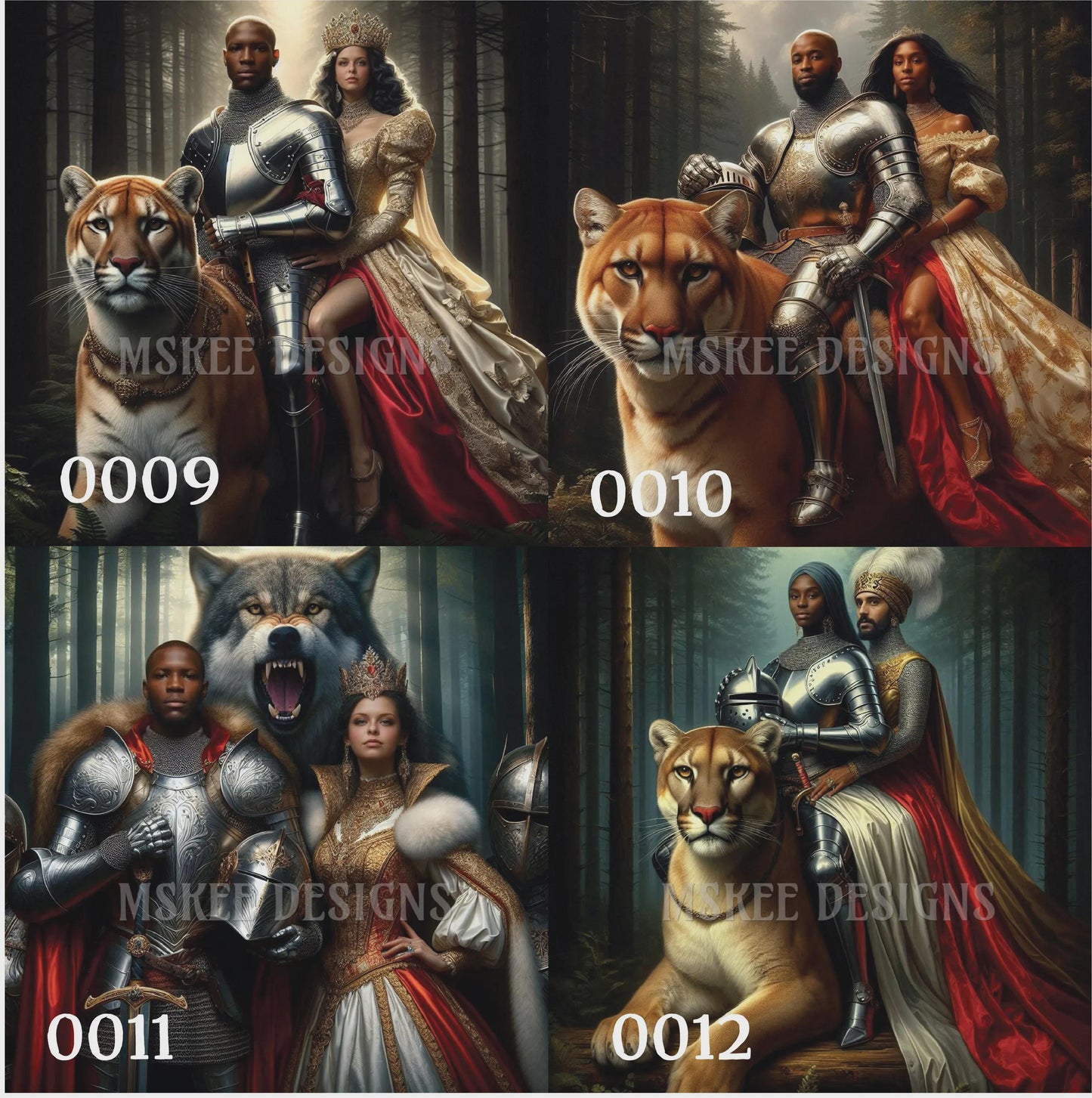 Four images showing a knight in armor with a woman and various animals in a forest setting.
