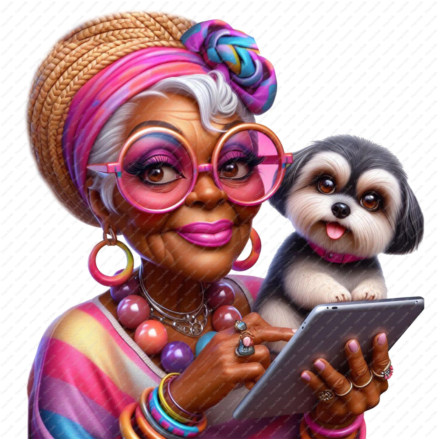 Stylish grandmother wearing colorful headwrap and glasses holding a tablet with a small fluffy dog beside her PNG
