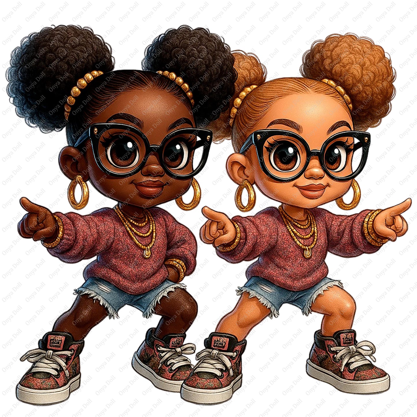 Onya Twins PNG | Melanin Teen Girl Digital Dolls Clipart for Sublimation, Planner, Cricut, High-Resolution Download