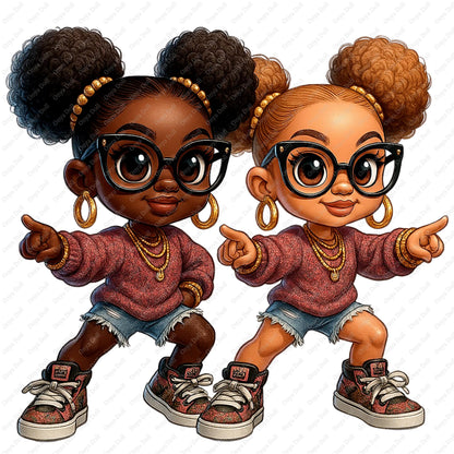 Onya Twins PNG | Melanin Teen Girl Digital Dolls Clipart for Sublimation, Planner, Cricut, High-Resolution Download