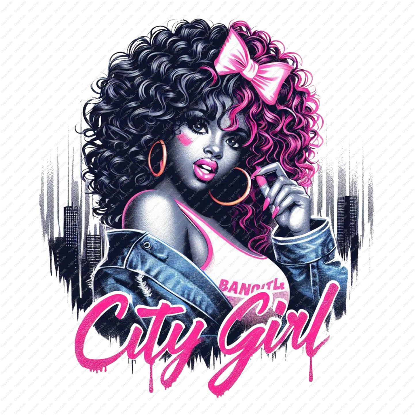 Melanin city girl with curly hair and pink bow in front of grayscale skyline PNG clipart
