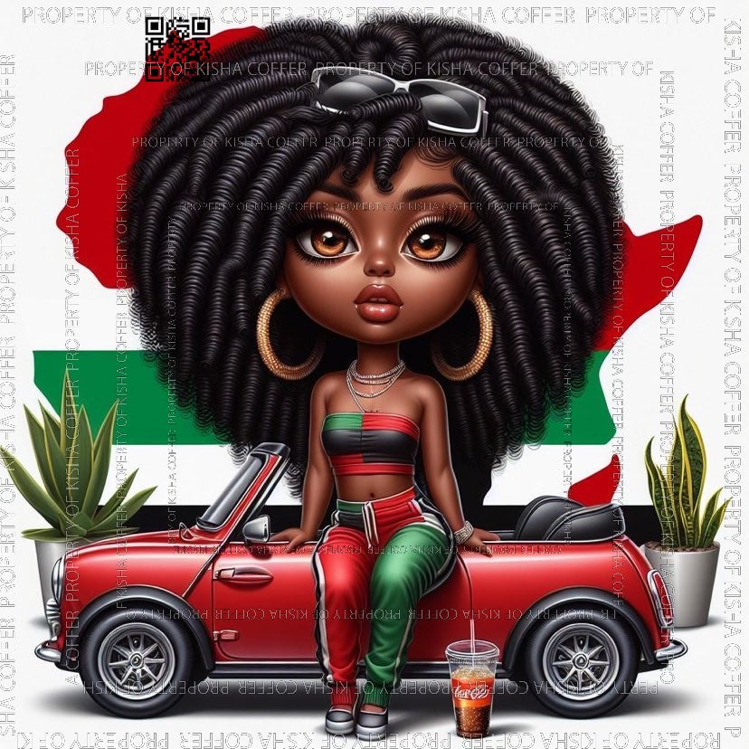 Stylish ONYA melanin digital doll confidently leaning against a sleek car, dressed in bold fashion, representing Black pride and excellence. High-resolution PNG ideal for Black History designs.

