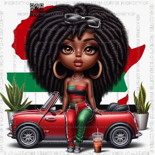 Stylish ONYA melanin digital doll confidently leaning against a sleek car, dressed in bold fashion, representing Black pride and excellence. High-resolution PNG ideal for Black History designs.
