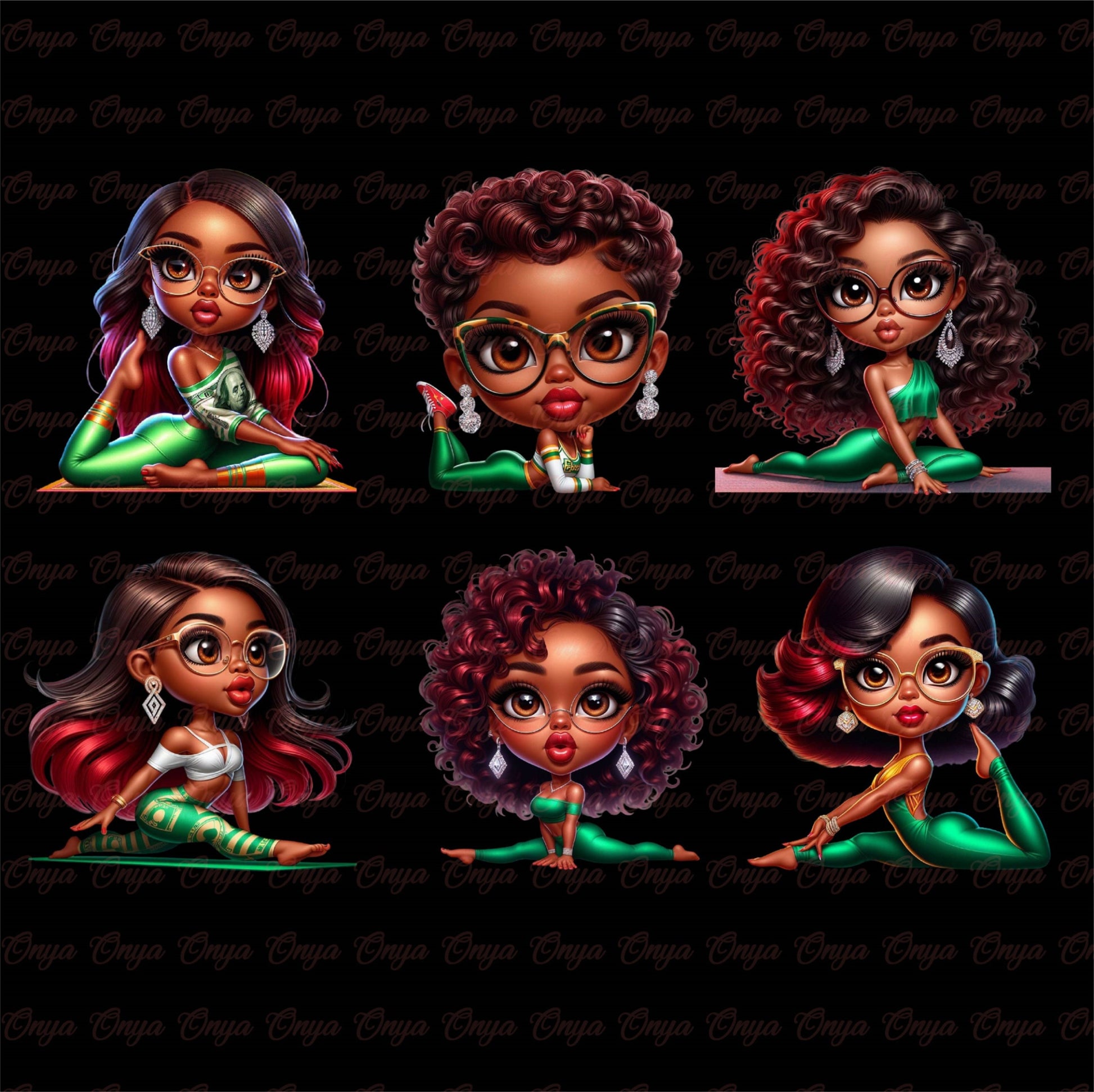 Onya Yoga PNG Bundle – Melanin women in yoga and meditation poses, high-resolution transparent clipart perfect for planners, sublimation, and wellness crafts.
