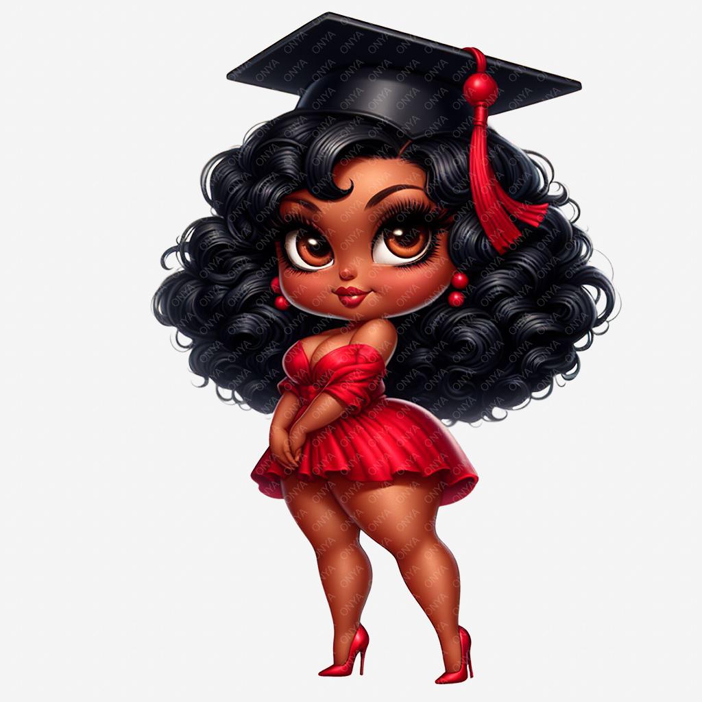 Cartoon character in a graduation cap and red gown on a white background