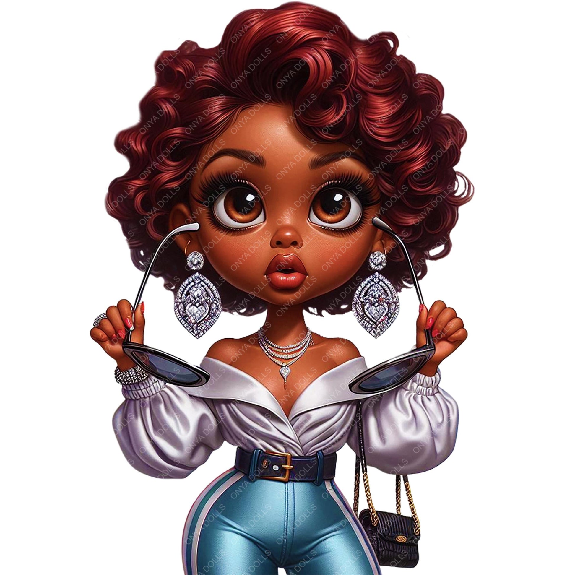 Black girl with red curly hair, statement earrings, off shoulder blouse and jeans PNG

