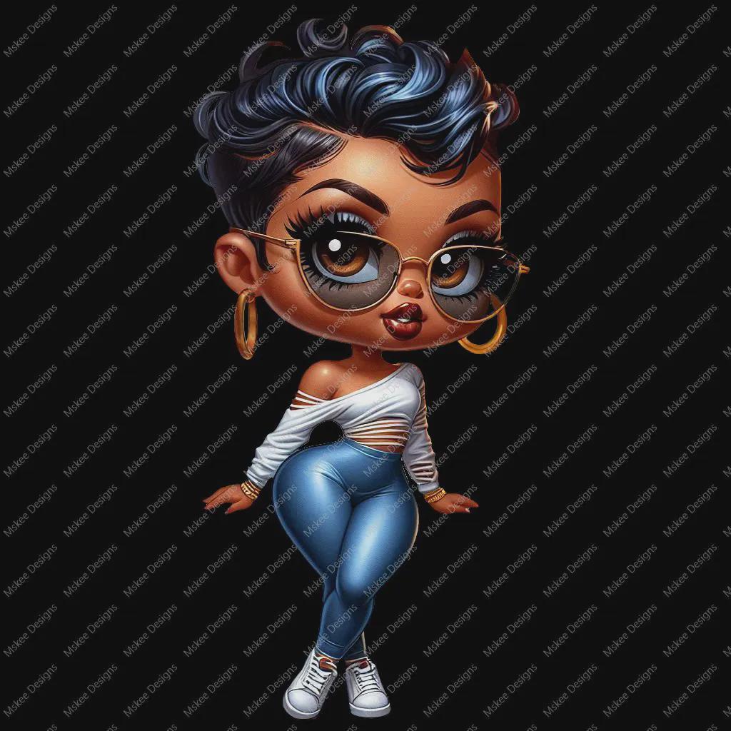 Cartoon character with blue hair and glasses on a black background