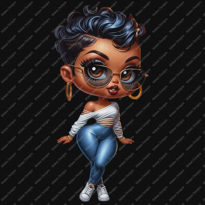 Cartoon character with blue hair and glasses on a black background