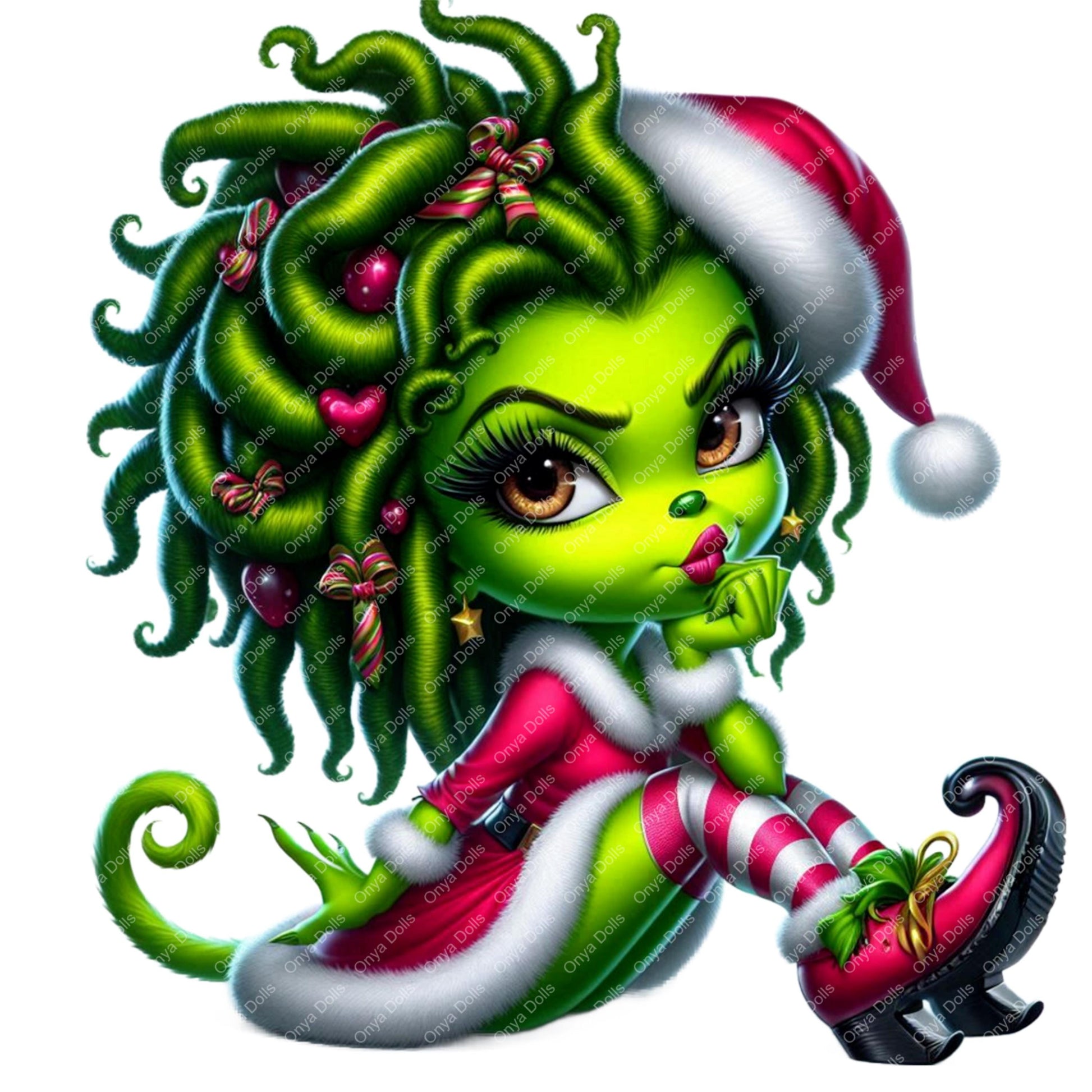 Green character with festive decorations and a Santa hat on a white background
