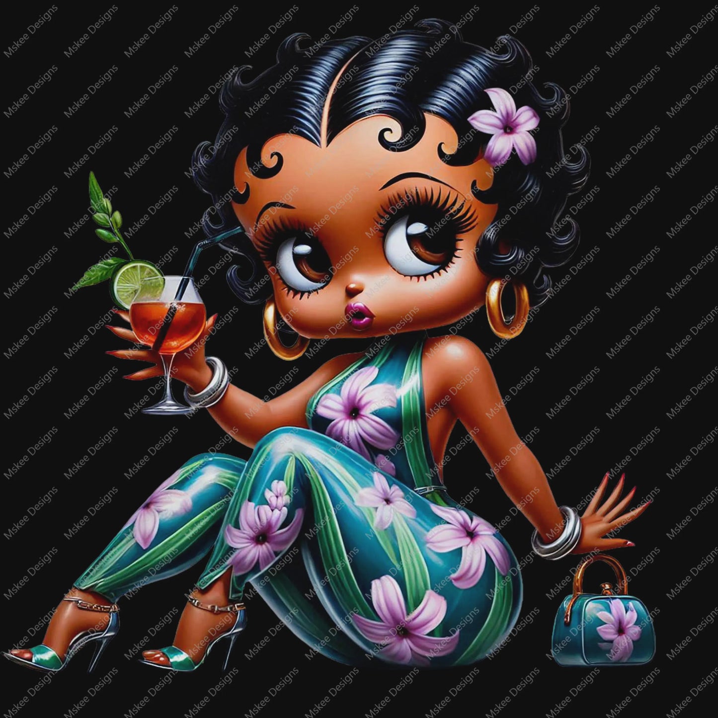 Cartoon character with floral dress and accessories holding a drink on a black background