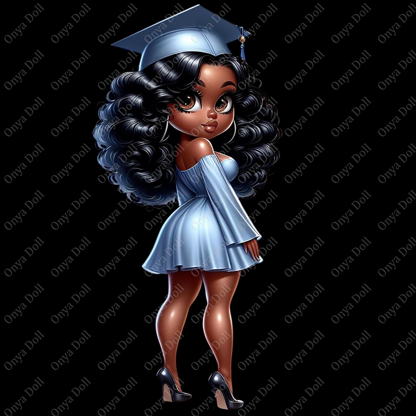 Illustration of a girl in a graduation gown and cap on a black background with 'Onya Doll' branding.